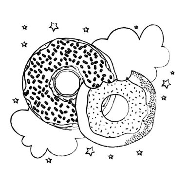 Grunge lezzetli donuts bulut pop art vektör çizim ile