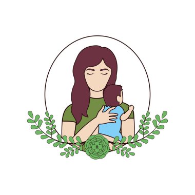 onun oğlu ve yaprakları dalları dekorasyon vektör çizim sarılma anne