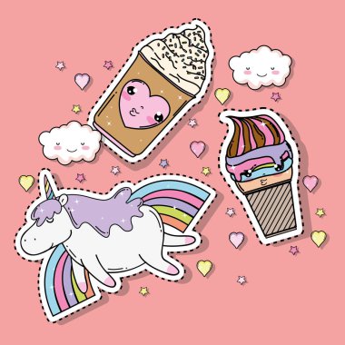 Kawaii dondurmalar tek boynuzlu at ve gökkuşağı etiket vektör çizim ile