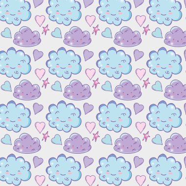 Kawaii kabarık bulutlar yıldız ve kalpleri arka plan vektör çizim ile