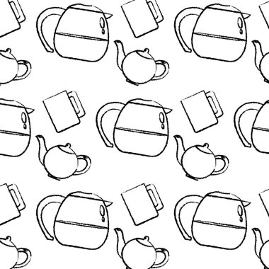 Grunge kahve kavanoz ile sıcak Kupası ve çaydanlık arka plan vektör çizim