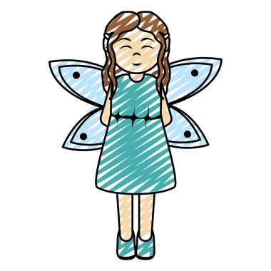 kostüm peri kanatları vektör çizim ile mutlu kız doodle