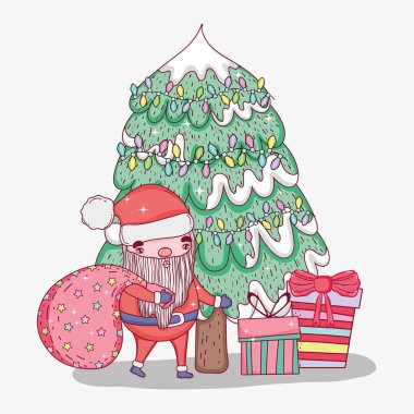 Noel Baba çanta ve çam ağacı vektör çizim ile