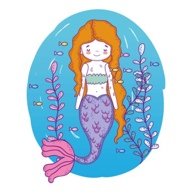 deniz kızı kadın su altında balık ve bitki vektör çizim ile