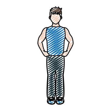 Fitness adam vektör çizim eğitim için spor giysileri ile doodle