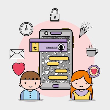 Erkek ve kız aşık sohbet kabarcık mesaj vektör çizim ile