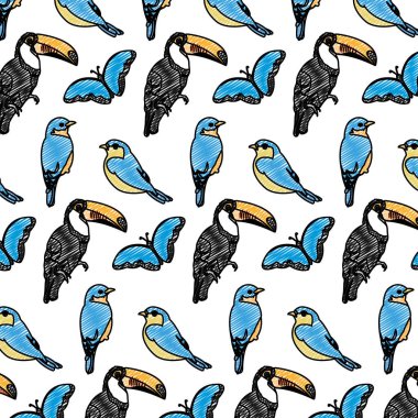 kelebek ve kuş hayvan arka plan vektör çizim ile Doodle toucan