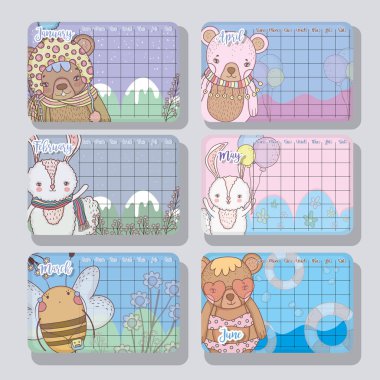 Takvim bilgilerini sevimli hayvanlar stil vektör çizim ile