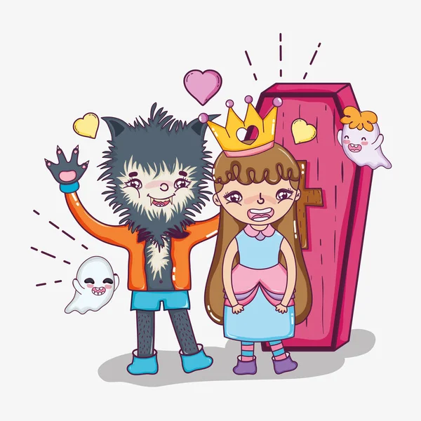 Halloween werewolf and princess girl with coffin cartoons vector illustration graphic design