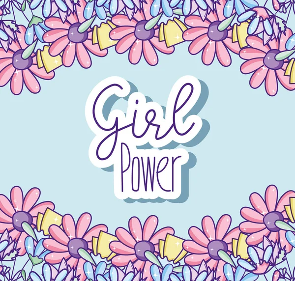 Poder Menina Flores Armação Redonda Folhas Vetor Ilustração Design Gráfico —  Vetores de Stock