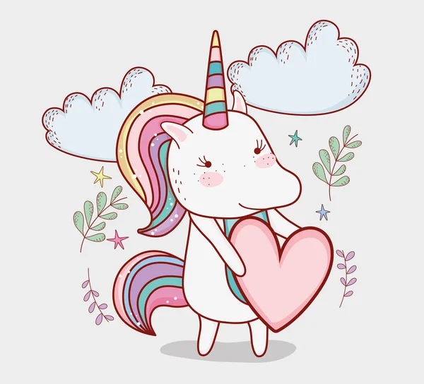 Lindo Unicornio Con Corazón Nubes Con Plantas Vector Ilustración — Vector de stock