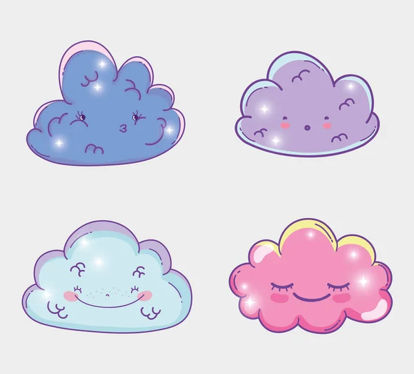 Set Schönheit Kawaii Flauschige Wolken Vektor Illustration — Stockvektor