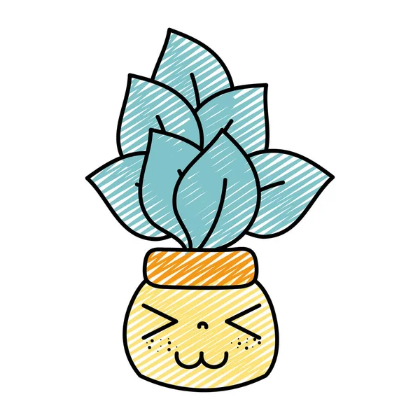 Doodle Kawaii Glücklich Pflanze Blätter Innerhalb Blumentopf Vektor Illustration — Stockvektor