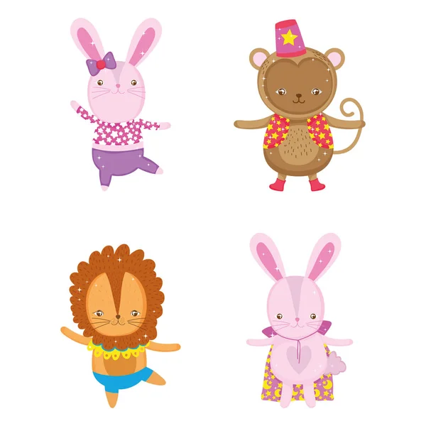 set rabbit with monkey and lion costume entertainment vector illustration