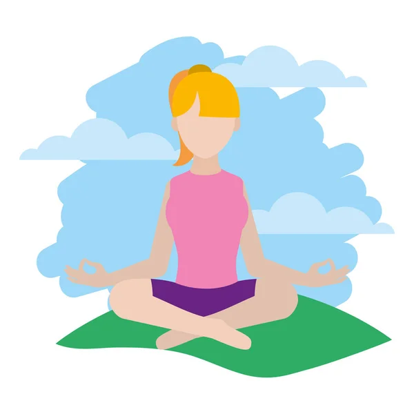Donna Seduta Posizione Yoga Nel Paesaggio Vettoriale Illustrazione — Vettoriale Stock
