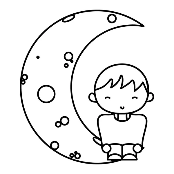 Line Boy Casual Clothes Seating Moon Vector Illustration — Stock Vector