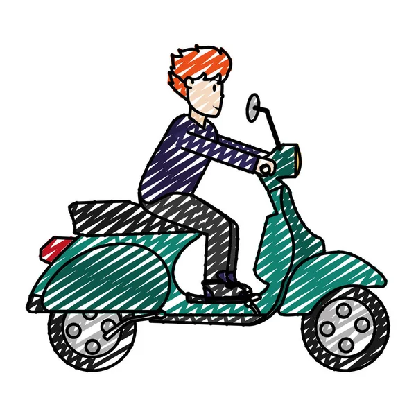 Doodle Mann Mit Frisur Und Kleidung Fahrt Motorrad Vektor Illustration — Stockvektor