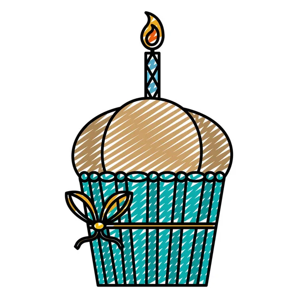 Doodle Deliciosa Sobremesa Muffin Com Vela Fita Arco Vetor Ilustração —  Vetores de Stock