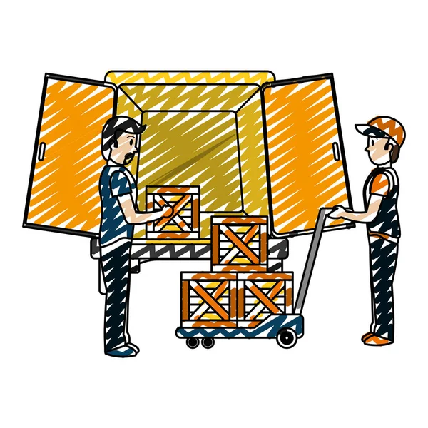 Doodle Delivery Men Packages Platform Trolleys Vector Illustration — Stock Vector