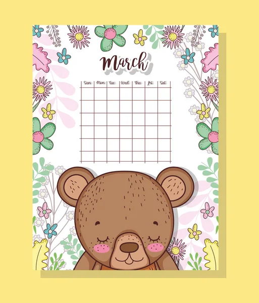 Märzkalender Mit Niedlichen Bärentier Vektorillustration — Stockvektor