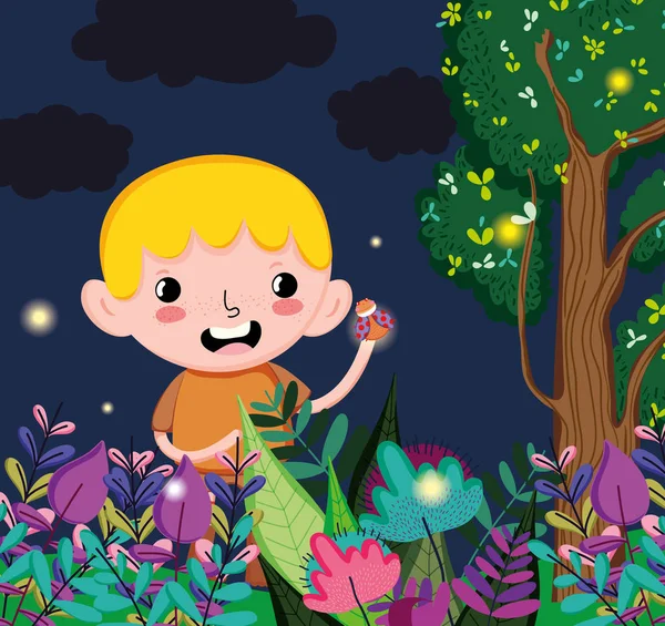 Cute boy at forest cartoon vector illustration graphic design