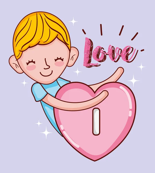 Lindo Chico Enamorado Volando Con Corazón Dibujos Animados Vector Ilustración — Archivo Imágenes Vectoriales