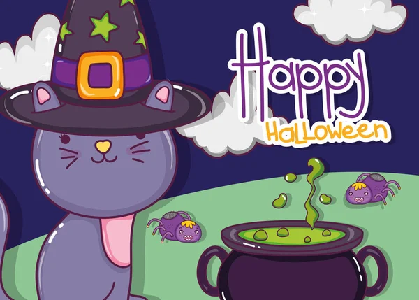 Halloween Cat Witch Kapelusz Zupa Pot Bajki Wektor Ilustracja Projekt — Wektor stockowy