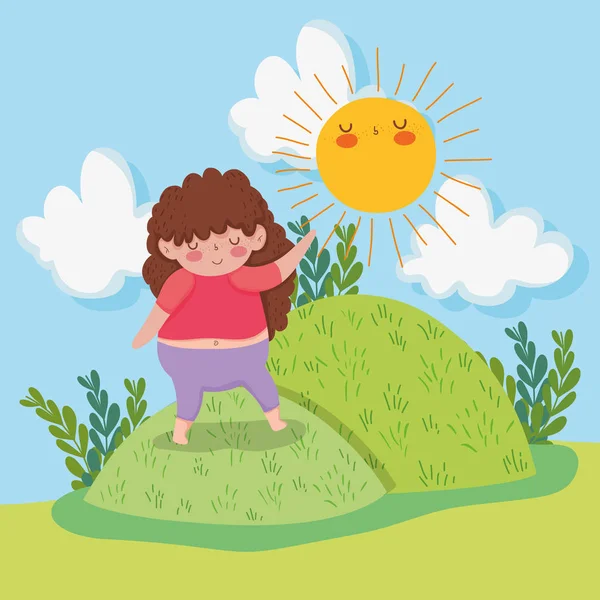 cute girl game in the mountains with sun and plants vector illustration