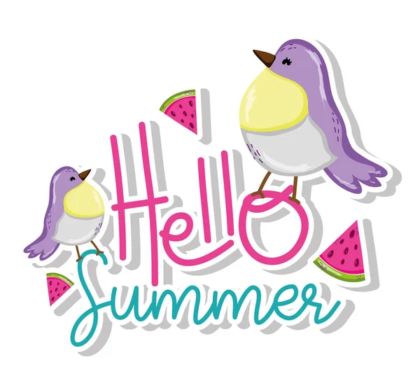 Hello summer card with exotic birds cartoons vector illustration graphic design