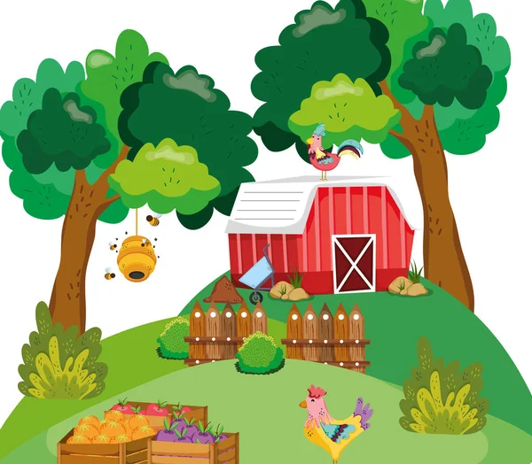 Schöne Bauernhof Cartoons Mit Haus Und Tieren Vektor Illustration Grafik — Stockvektor