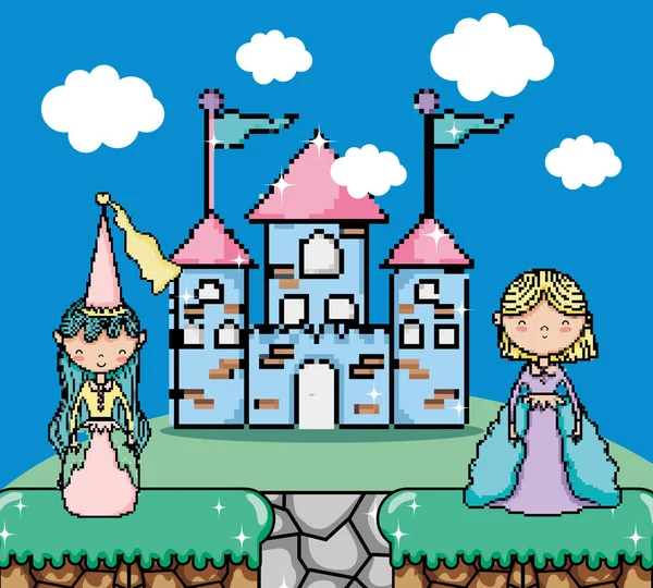 Piksele Videogame Fantasy Krajobraz Projekt Graficzny Ilustracja Wektor Kreskówka Królewna — Wektor stockowy