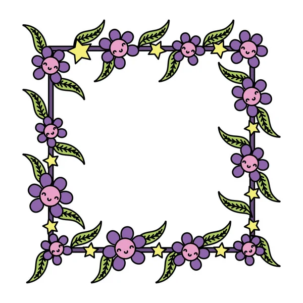 Color Kawaii Flores Felices Hojas Decoración Cuadrada Vector Ilustración — Archivo Imágenes Vectoriales