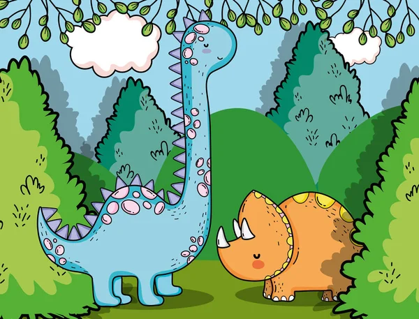 Brontosaurus Mit Triceratops Prähistorische Dino Tiere Vektorillustration — Stockvektor