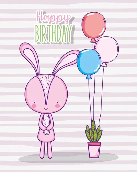 Feliz Conejo Cumpleaños Celebración Con Globos Vector Plantas Ilustración — Vector de stock