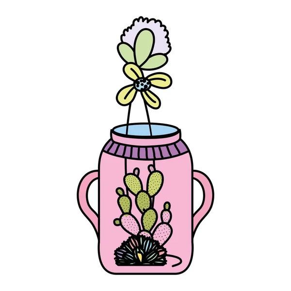 Color Flower Cactus Plant Mason Jar Vector Illustration — Stock Vector