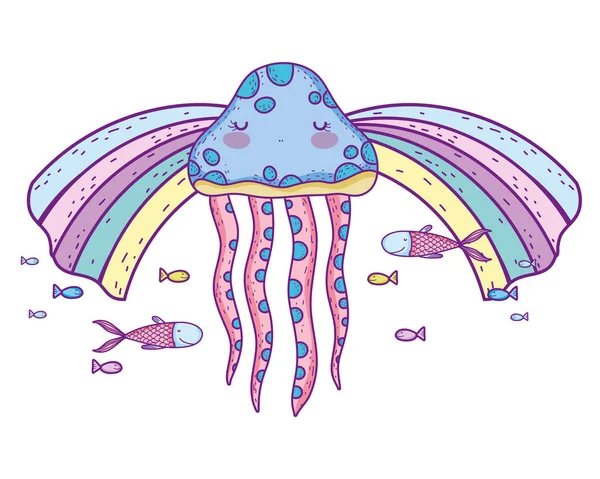 jellyfish with fishes animals underwater and rainbow vector illustration