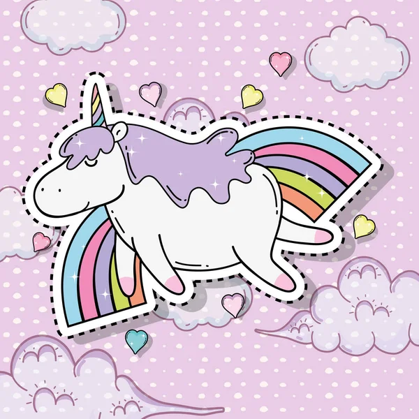 Cute Unicorn Sticker Clouds Hearts Vector Illustration — Stock Vector