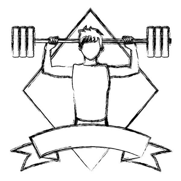 Grunge Mann Hebt Gewichte Emblem Mit Schleifen Vektor Illustration — Stockvektor