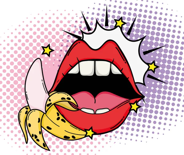 Pop Art Sexy Lips Banana Cute Cartoons Vector Illustration Graphic — Stock Vector