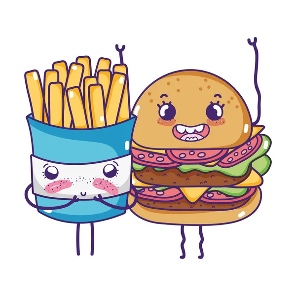 Kawaii Shy French Fries Happy Hamburger Vector Illustration — Stock Vector
