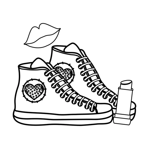 Tênis Linha Sapatos Com Lábios Moda Ilustração Vetor Batom — Vetor de Stock