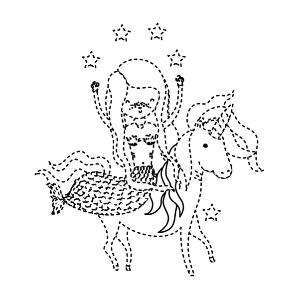 Pontozott Alakzat Gyönyörű Sziréna Ride Unikornis Csillagok Vektor Illusztráció — Stock Vector