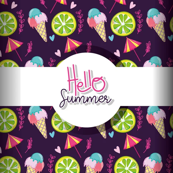Hello Summer Background Fruits Desserts Ice Cream Vector Illustration Graphic — Stock Vector