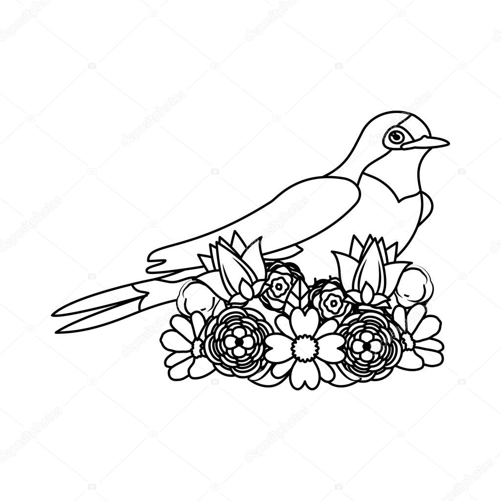 line nature bird animal with flowers with petals vector illustration