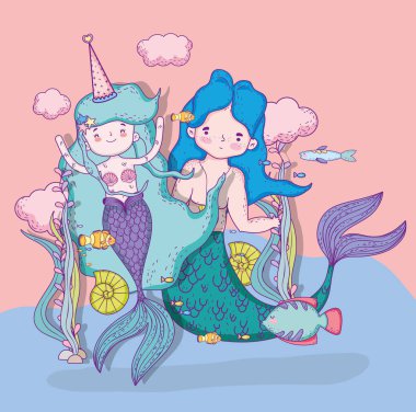 deniz kızları kadın ve adam bulutlar ve balıklar vektör çizim ile