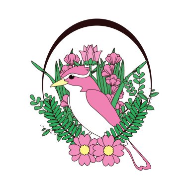 yaprakları ile kuş hayvan şubeleri ve çiçekler illüstrasyon vektör