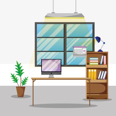 Resepsiyon ile vektör çizim çalışmaya ofis düz aksesuarları