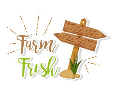 Çiftlik taze ahşap tabelasını karikatür vektör çizim grafik tasarım