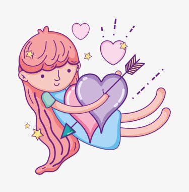 Güzel kız ile uçan vektör çizim grafik tasarım kalpler