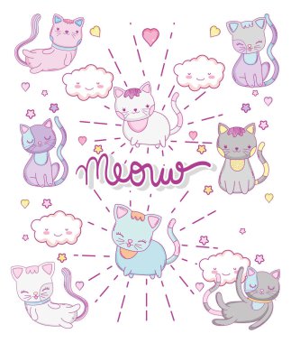 kawaii bulutlar ve herts vektör çizim ile sevimli kediler